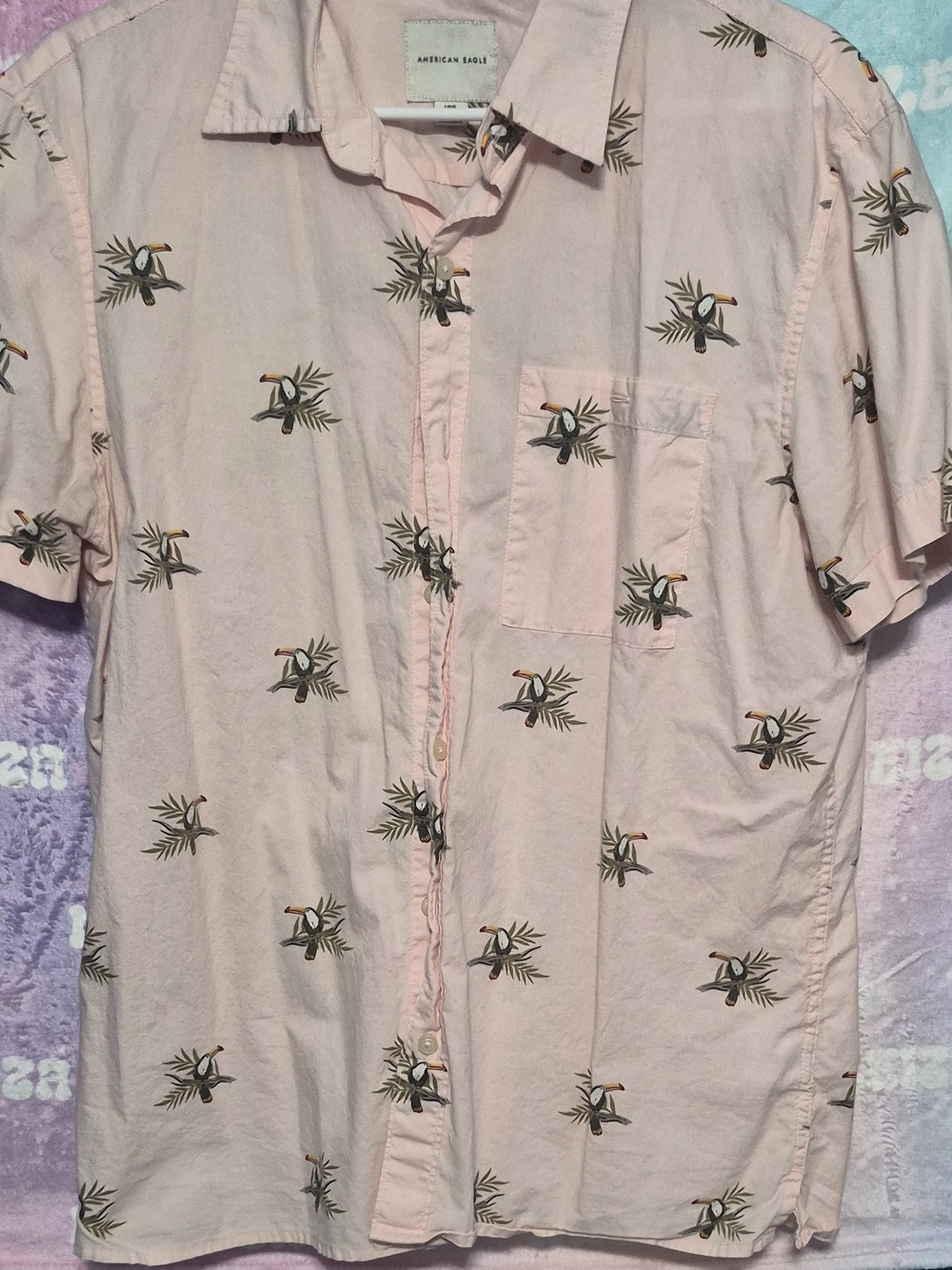 American Eagle Outfitters Pale Pink Short-Sleeve Toucan Print Button-Up Shirt